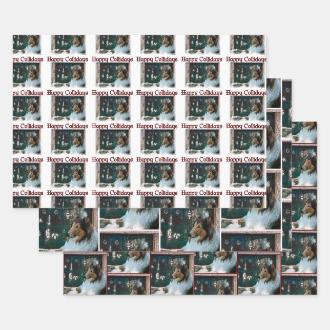 Rough Collie Happy Collidays Christmas Wrapping Paper Sheets (Set)