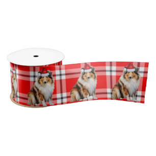 Rough Collie Holiday Plaid Funny Dog Christmas Satin Ribbon
