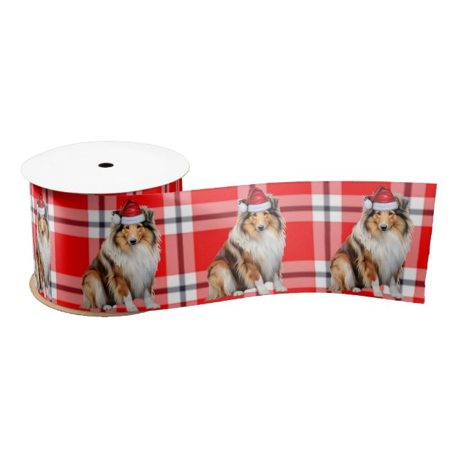 Rough Collie Holiday Plaid Funny Dog Christmas Satin Ribbon (Spool)