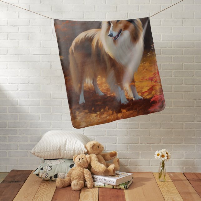 Rough Collie in Autumn Leaves Fall Inspire Baby Blanket (In Situ)