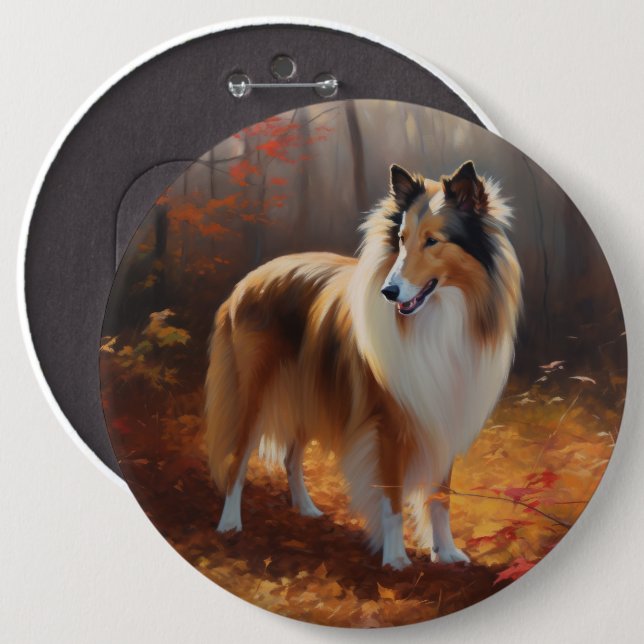 Rough Collie in Autumn Leaves Fall Inspire Button (Front & Back)