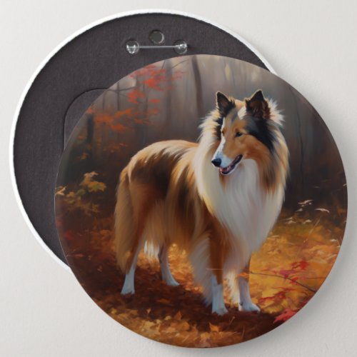 Rough Collie in Autumn Leaves Fall Inspire Button