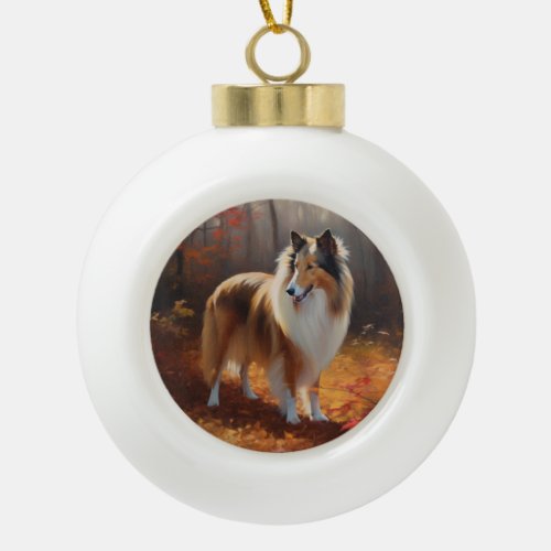 Rough Collie in Autumn Leaves Fall Inspire Ceramic Ball Christmas Ornament