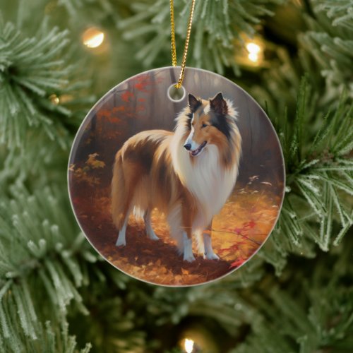 Rough Collie in Autumn Leaves Fall Inspire Ceramic Ornament