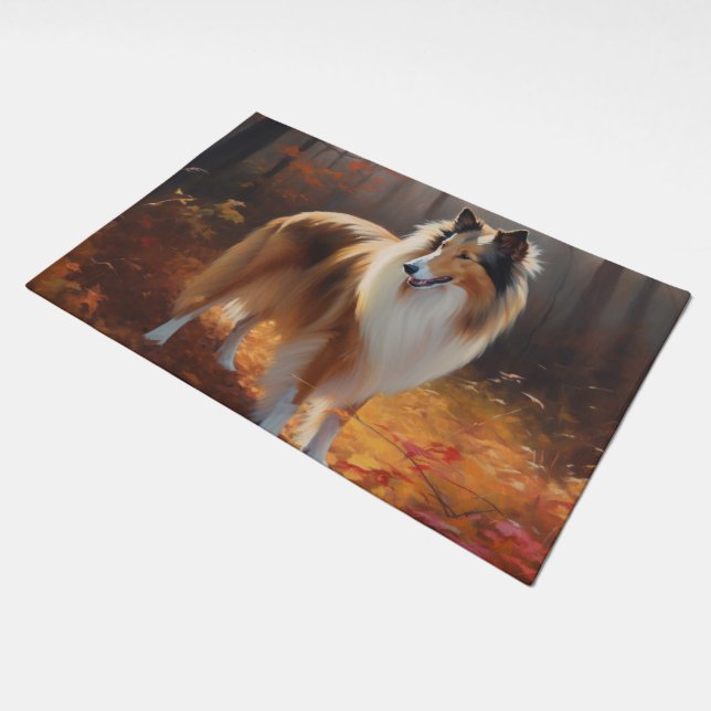 Rough Collie in Autumn Leaves Fall Inspire Doormat (Angled)