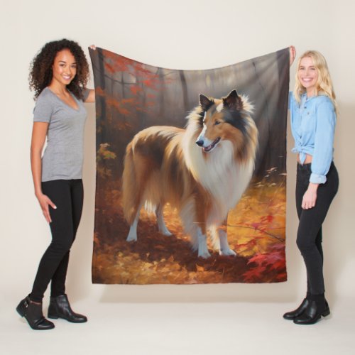 Rough Collie in Autumn Leaves Fall Inspire Fleece Blanket