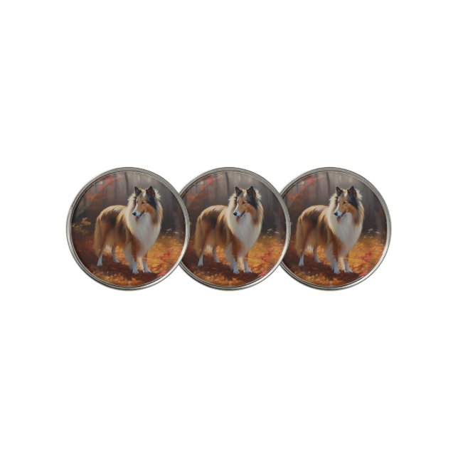 Rough Collie in Autumn Leaves Fall Inspire Golf Ball Marker (3 Up)