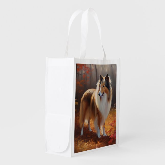 Rough Collie in Autumn Leaves Fall Inspire Grocery Bag (Front Side)