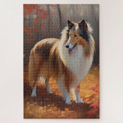 Rough Collie in Autumn Leaves Fall Inspire Jigsaw Puzzle