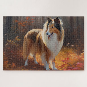 Rough Collie in Autumn Leaves Fall Inspire Jigsaw Puzzle