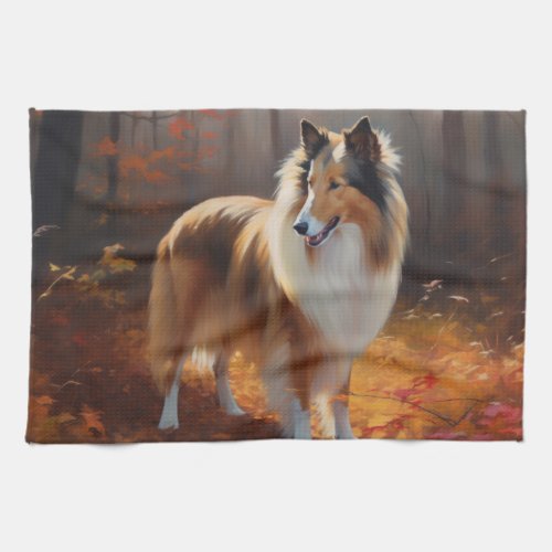 Rough Collie in Autumn Leaves Fall Inspire Kitchen Towel