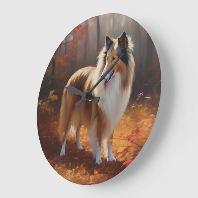 Rough Collie in Autumn Leaves Fall Inspire Large Clock (Angle)
