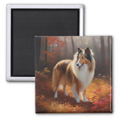 Rough Collie in Autumn Leaves Fall Inspire Magnet