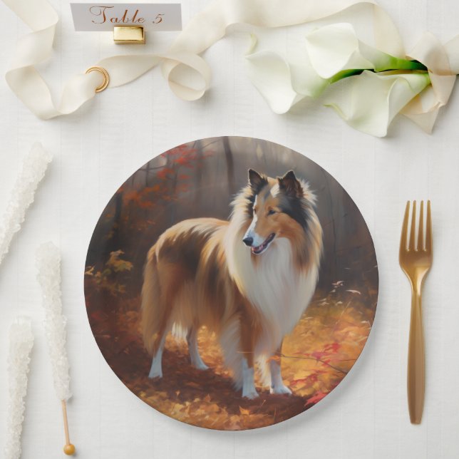 Rough Collie in Autumn Leaves Fall Inspire Paper Plates (Wedding)