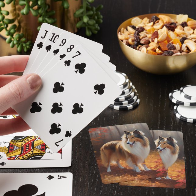 Rough Collie in Autumn Leaves Fall Inspire Poker Cards (In Situ)