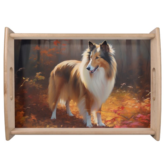 Rough Collie in Autumn Leaves Fall Inspire Serving Tray (Front)