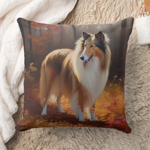 Rough Collie in Autumn Leaves Fall Inspire Throw Pillow