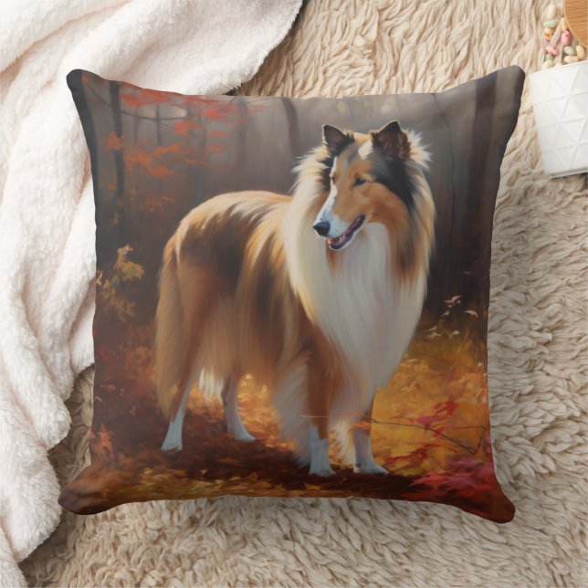 Rough Collie in Autumn Leaves Fall Inspire Throw Pillow (Blanket)