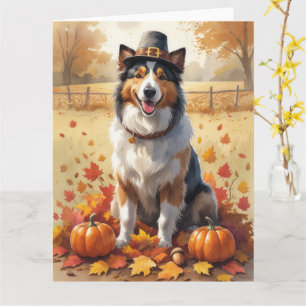 Rough Collie In Autumn Leaves Thanksgiving Art Card