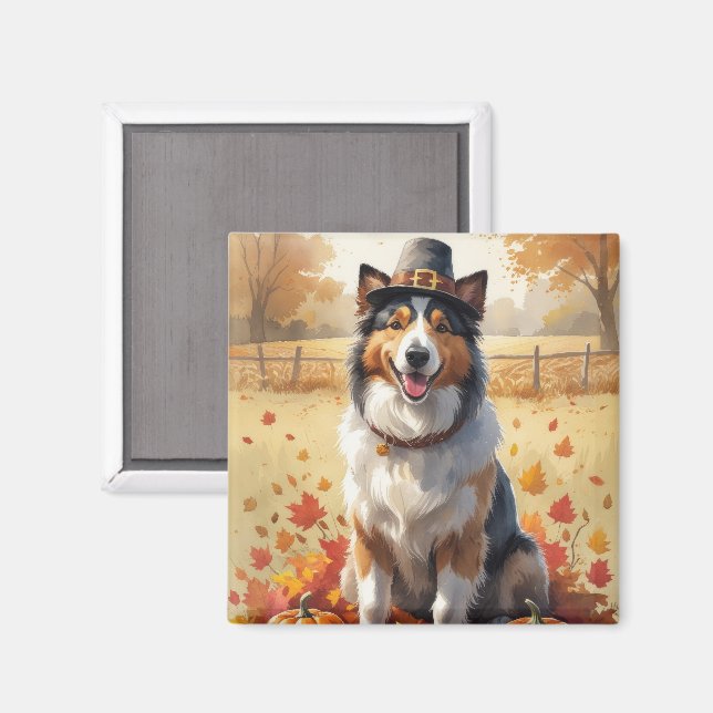 Rough Collie In Autumn Leaves Thanksgiving Art Magnet (Front/Back)