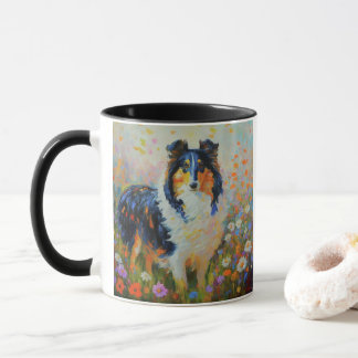 Rough Collie in field of flowers - impressionist Mug