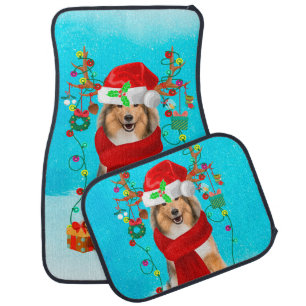 Rough Collie in snow with Christmas gifts Car Floor Mat