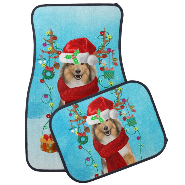 Rough Collie in snow with Christmas gifts Car Floor Mat (Set)
