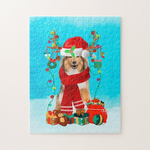 Rough Collie in snow with Christmas gifts Jigsaw Puzzle