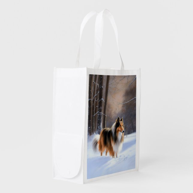 Rough Collie Let It Snow Christmas Grocery Bag (Front Side)