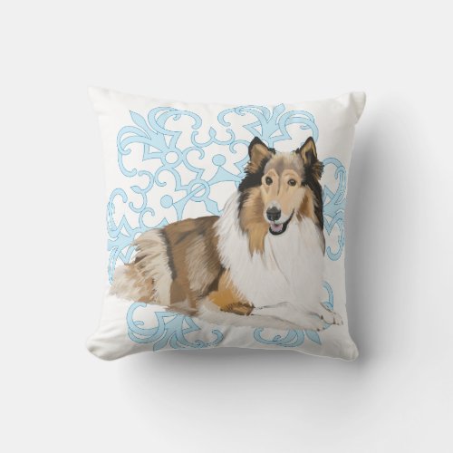 Rough Collie on a blue snow flake background Throw Pillow