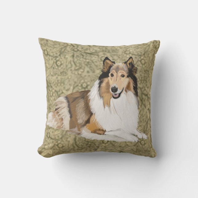 Rough Collie on a Brown Floral background Throw Pillow (Front)