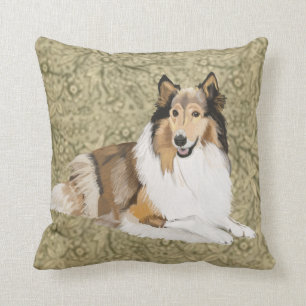 Rough Collie on a Brown Floral background Throw Pillow