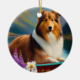 Rough Collie on a Paddle: A Scenic Adventure Ceramic Ornament
