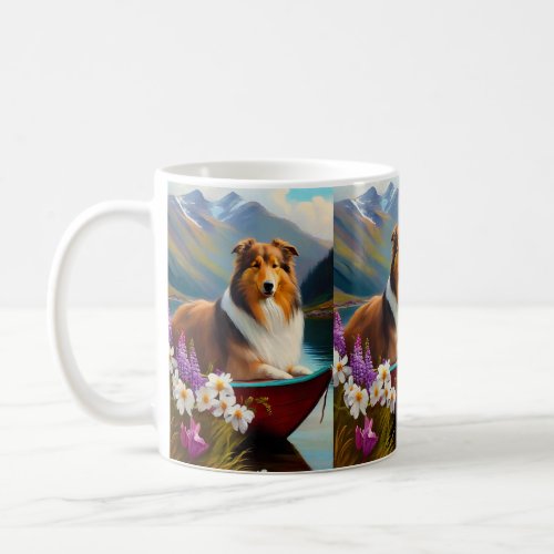 Rough Collie on a Paddle A Scenic Adventure Coffee Mug