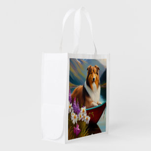 Rough Collie on a Paddle: A Scenic Adventure Grocery Bag