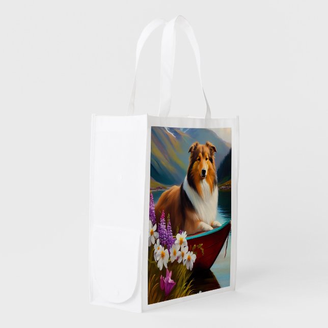 Rough Collie on a Paddle: A Scenic Adventure Grocery Bag (Front Side)