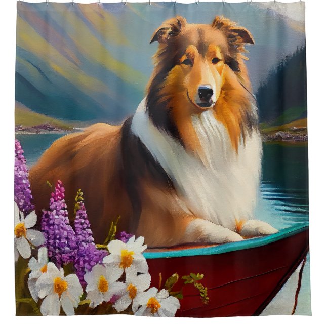 Rough Collie on a Paddle: A Scenic Adventure Shower Curtain (Front)