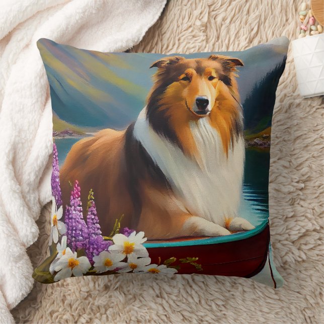 Rough Collie on a Paddle: A Scenic Adventure Throw Pillow (Blanket)