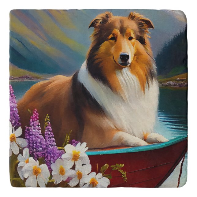 Rough Collie on a Paddle: A Scenic Adventure Trivet (Front)