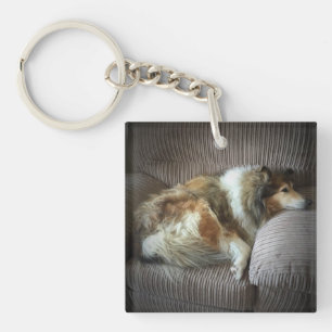 Rough collie on armchair keychain