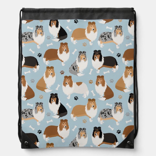 Rough Collie Paws and Bones Drawstring Bag (Front)
