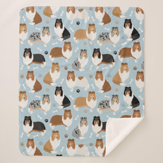 Rough Collie Paws and Bones Sherpa Blanket (Front)