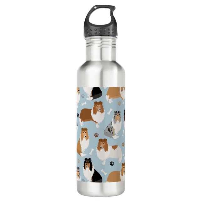 Rough Collie Paws and Bones Stainless Steel Water Bottle (Front)