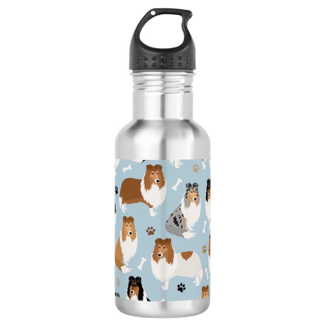 Rough Collie Paws and Bones Stainless Steel Water Bottle (Front)