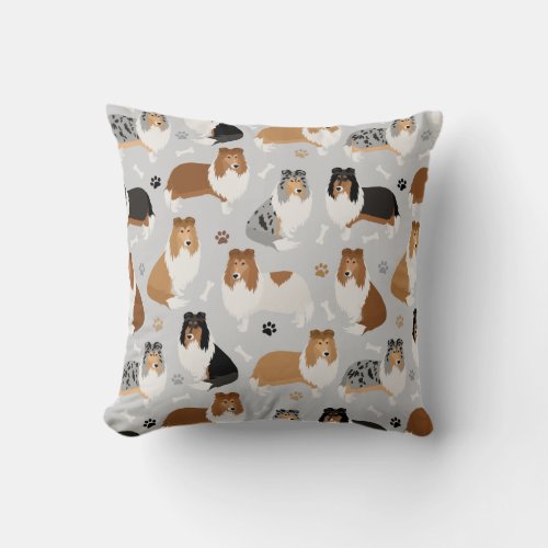 Rough Collie Paws and Bones Throw Pillow