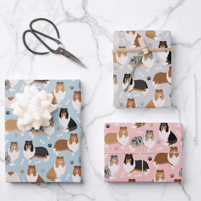 Rough Collie Paws and Bones Wrapping Paper Sheets (Front)