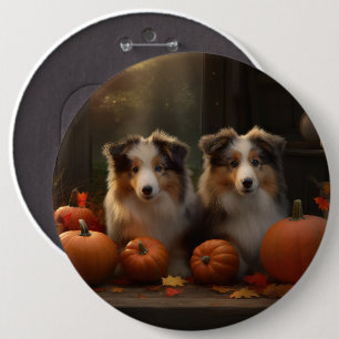 Rough Collie Puppy Autumn Delight Pumpkin Button