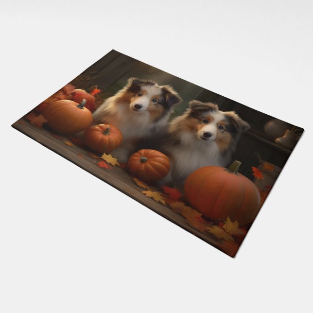 Rough Collie Puppy Autumn Delight Pumpkin  Doormat (Angled)