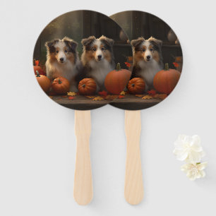 Rough Collie Puppy Autumn Delight Pumpkin Hand Fan
