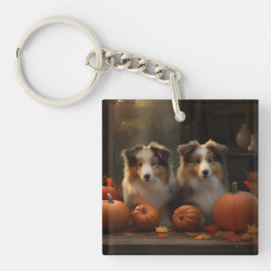 Rough Collie Puppy Autumn Delight Pumpkin Keychain